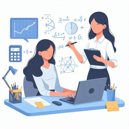 Vector illustration of businesswoman working with laptop in office. Female character in flat style.のイラスト素材