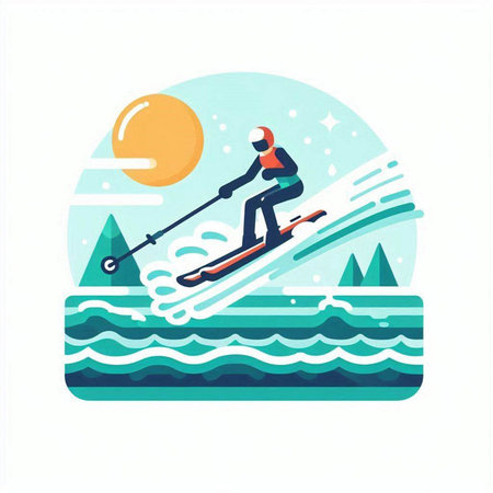 Skiing in the sea. Vector illustration in flat style.のイラスト素材