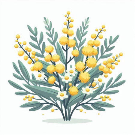 Bouquet of yellow mimosa flowers and green leaves. Vector illustration.のイラスト素材