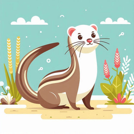 Vector illustration of a cute ferret on the sand with plants.のイラスト素材