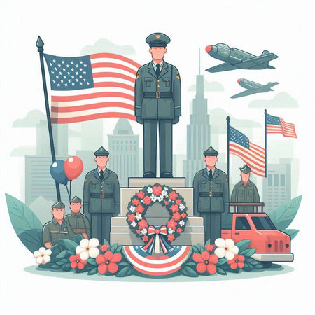 Patriot day vector illustration. People in uniform with american flag and flowers.のイラスト素材