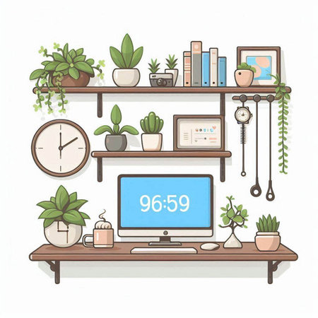 Vector illustration of a home office with a computer, bookshelf, plants and accessories.のイラスト素材
