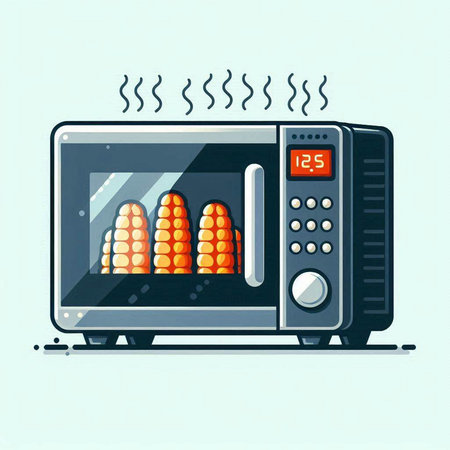 Microwave oven with corn on the stove. Vector illustration.のイラスト素材