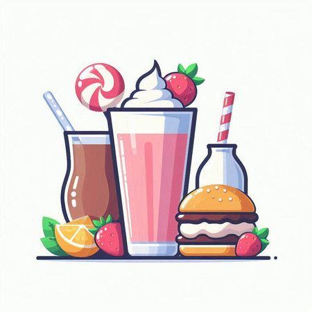 Milkshake, ice cream, fruit, candy. Vector illustration.のイラスト素材