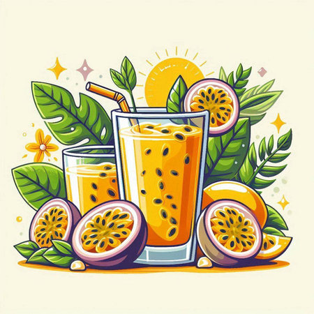 Passion fruit juice in glass and fresh fruits with leaves. Vector illustration.のイラスト素材