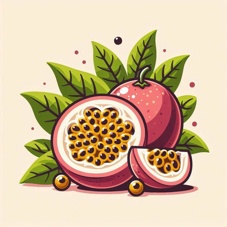 Passion fruit with leaves. Vector illustration of a passion fruit.のイラスト素材