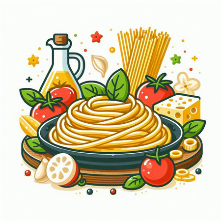 Spaghetti with tomato sauce, basil and olive oil. Vector illustrationのイラスト素材