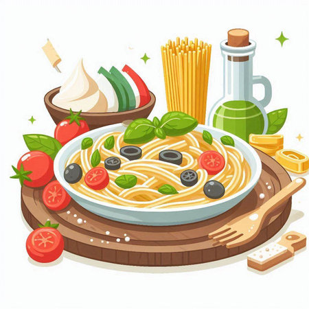 Illustration of a bowl of spaghetti with tomato sauce, olives and basilのイラスト素材
