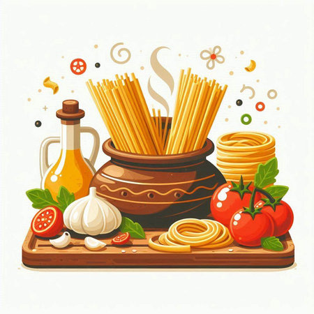 Italian food. Pasta, tomato, garlic, olive oil, spices and herbs. Vector illustrationのイラスト素材