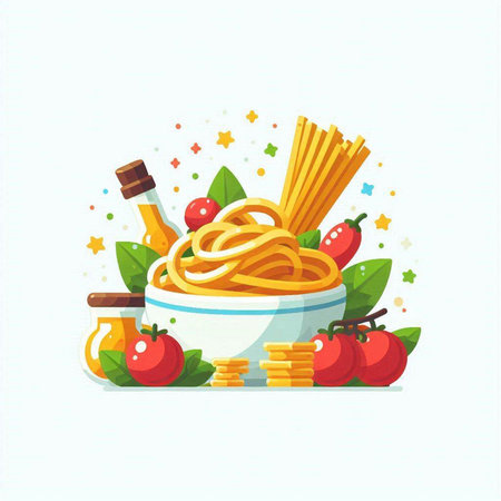 Spaghetti vector illustration. Pasta with tomatoes, olive oil, spices and herbs.のイラスト素材