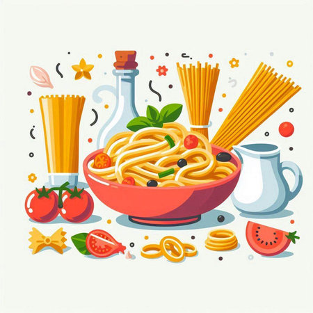 Spaghetti pasta with tomato sauce and basil in bowl. Vector illustration.のイラスト素材
