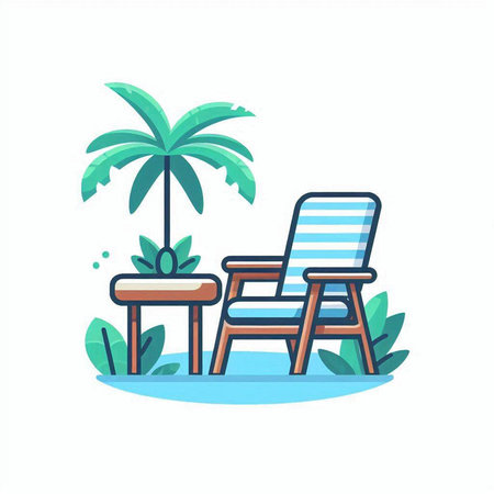 Summer vacation flat color vector icon. Beach chair, table and palm tree isolated cartoon illustrationのイラスト素材