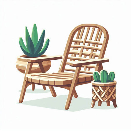 Wooden chair with plants. Isolated on white background. Vector illustration.のイラスト素材