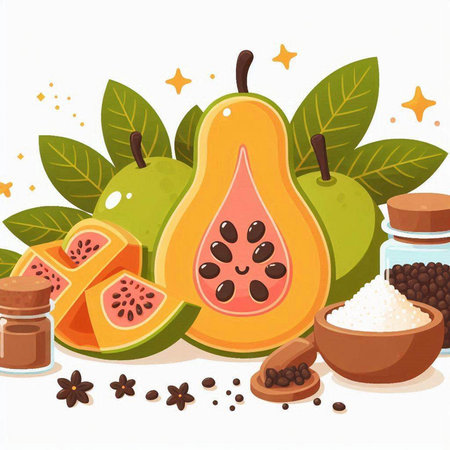 Papaya fruit and ingredients on white background. Vector illustration.のイラスト素材