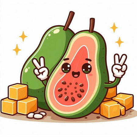 Funny guava fruit cartoon character with two fingers. Vector illustrationのイラスト素材