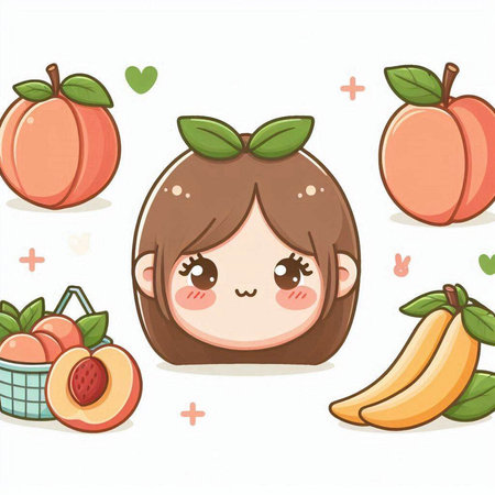 Cute little girl with fruits in cartoon style. Vector illustration.のイラスト素材