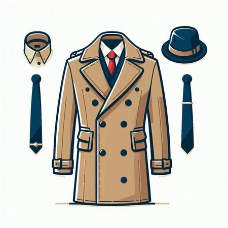 Illustration of a coat, tie and hat. Vector illustration.のイラスト素材
