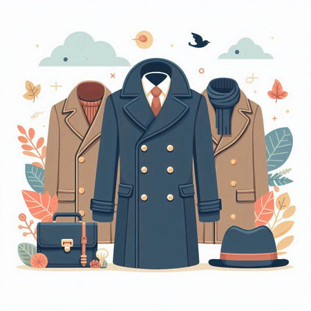 Vector illustration of coat, hat, bag and shoes. Autumn season.のイラスト素材