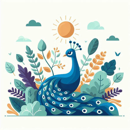 Peacock with leaves and sun. Vector illustration in flat style.のイラスト素材