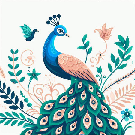 Peacock on the background of floral ornament. Vector illustration.のイラスト素材