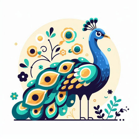 Peacock with flowers. Vector illustration in a flat style.のイラスト素材