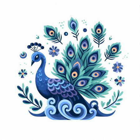Peacock with flowers and leaves. Hand drawn vector illustration.のイラスト素材