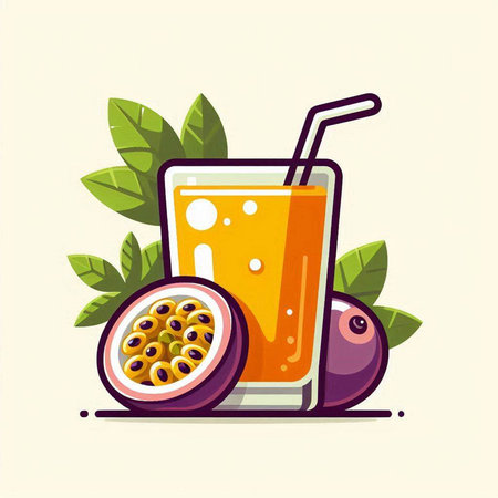 Passion fruit juice in a glass with a straw. Vector illustration.のイラスト素材