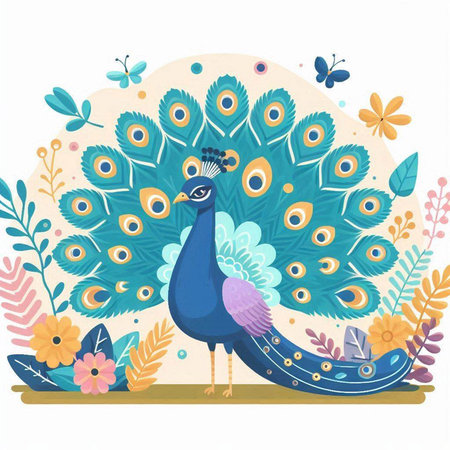 Peacock with flowers and butterflies. Vector illustration in cartoon style.のイラスト素材