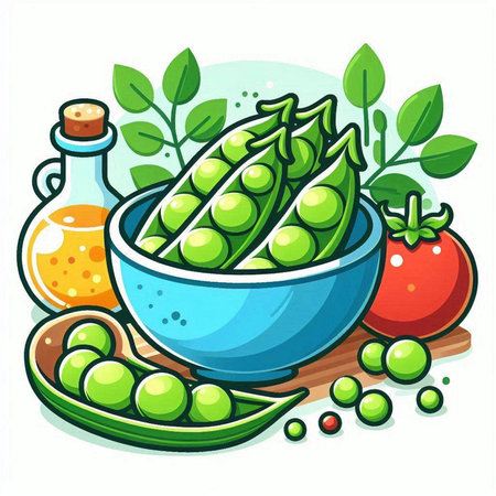 Bowl with fresh green peas on the table. Vector illustration.のイラスト素材