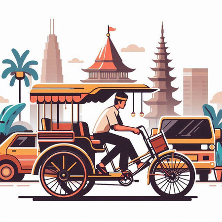 Vector illustration of a man riding a tricycle in the city.のイラスト素材
