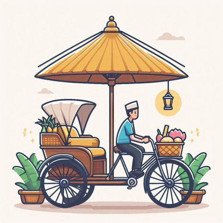Vector illustration of a man riding a tuk tuk with a basket full of flowers and fruits.のイラスト素材