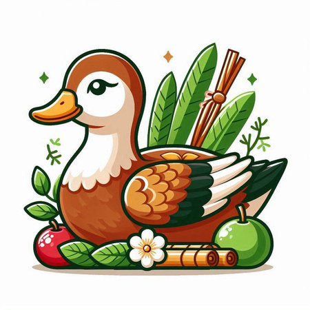 Duck sitting on a branch with apples and leaves. Vector illustration.のイラスト素材