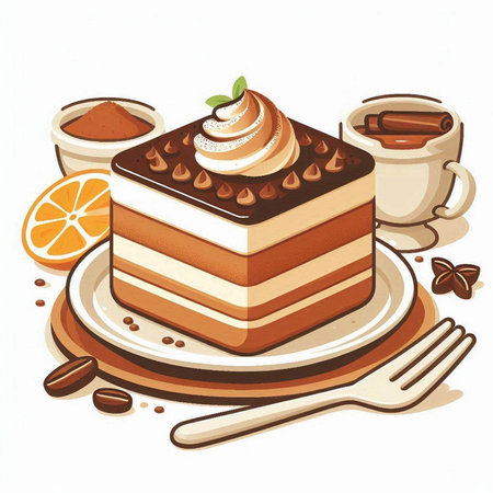 Illustration of a delicious tiramisu cake on a white backgroundのイラスト素材