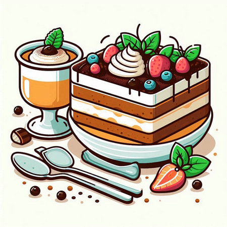 Tiramisu cake with chocolate and whipped cream. Vector illustration.のイラスト素材
