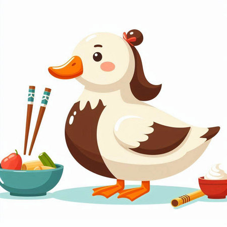 Duck with chopsticks and bowl of soup. Vector illustration.のイラスト素材