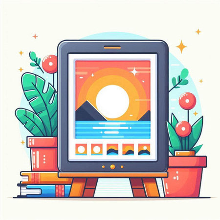 Tablet computer with photos on screen. Vector illustration in flat styleのイラスト素材