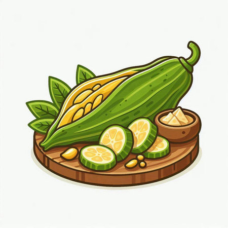 Cucumber, lemon and green leaves on a wooden board. Vector illustration.のイラスト素材