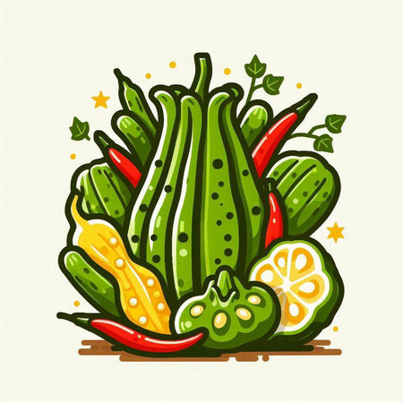 Illustration of fresh cucumbers and chilli. Vector illustration.のイラスト素材