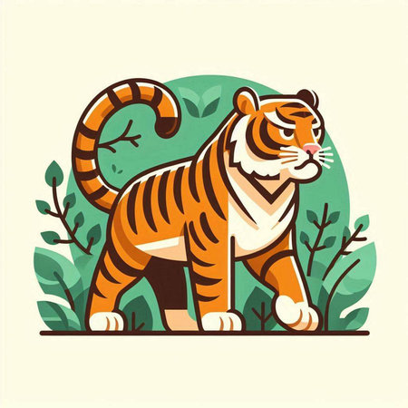 Vector illustration of a tiger on a background of green leaves. Cartoon flat style.のイラスト素材