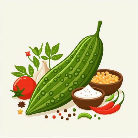 Cucumber, tomato, garlic, pepper, salt, olive oil, herbs and spices. Vector illustration.のイラスト素材