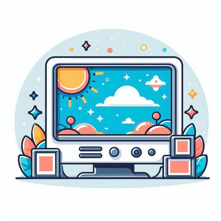 Illustration of a computer monitor with sun, clouds, stars and other elementsのイラスト素材