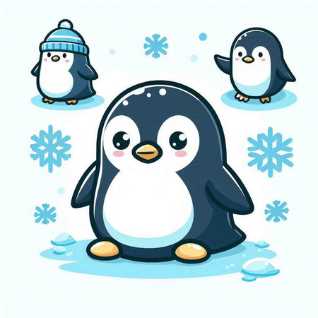 Cute penguins with snowflakes, vector cartoon illustration.のイラスト素材