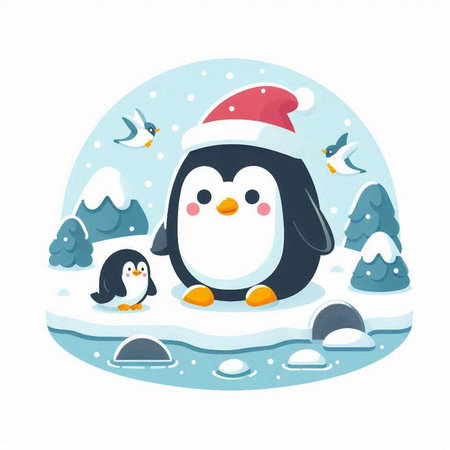 Cute cartoon penguin with Santa Claus hat. Vector illustration.のイラスト素材