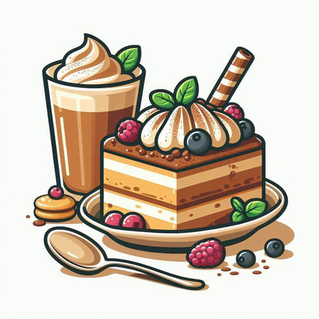 Coffee and cake with whipped cream and berries. Vector illustration.のイラスト素材