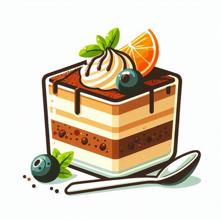 Tiramisu cake with blueberries and mint. Vector illustration.のイラスト素材