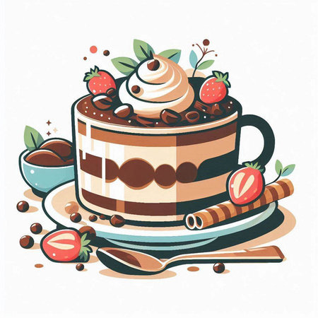 Vector illustration of a cup of coffee with chocolate cake, strawberries and whipped cream.のイラスト素材