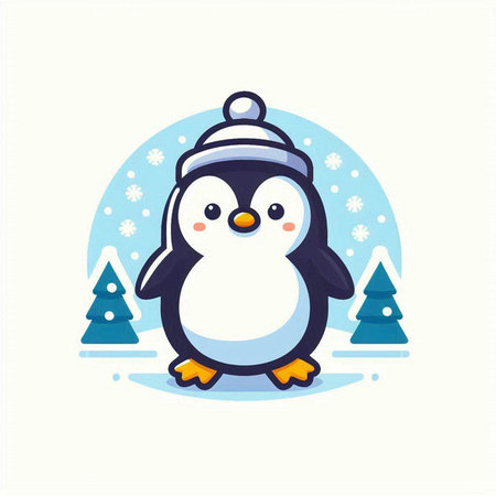 Cute penguin with snowflakes and christmas trees vector illustrationのイラスト素材