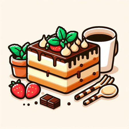 Vector illustration of a piece of cake with strawberries and a cup of coffeeのイラスト素材