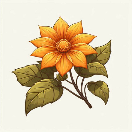 Illustration of a beautiful yellow flower with green leaves on a white backgroundのイラスト素材