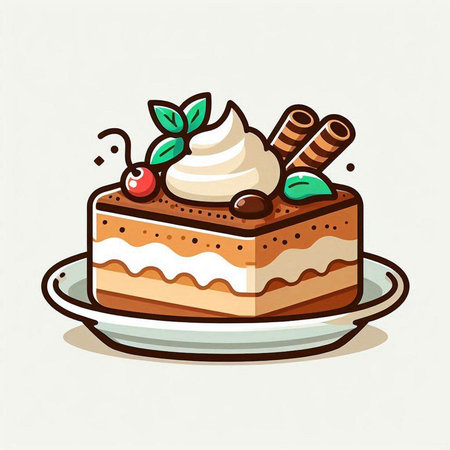 Chocolate cake with whipped cream and cherries. Vector illustration.のイラスト素材